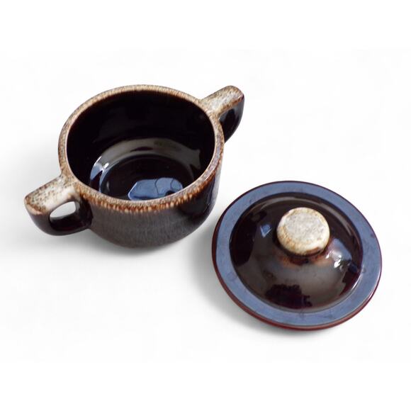 Brown Drip Glazed Pottery Sugar Bowl With Lid Handles 4" tall 4" wide - Picture 2 of 4